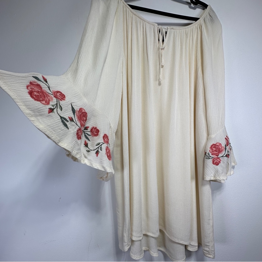 Cream Floral Embroidered Bell Sleeve Women’s Top